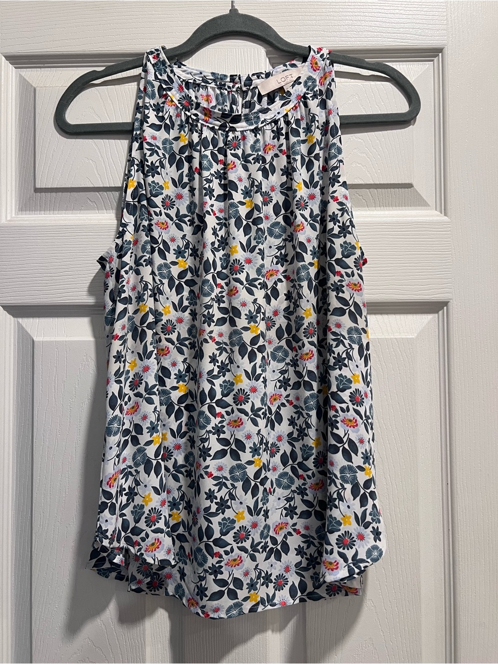 LOFT White Floral Sleeveless Blouse with Navy, Yellow & Pink Accents